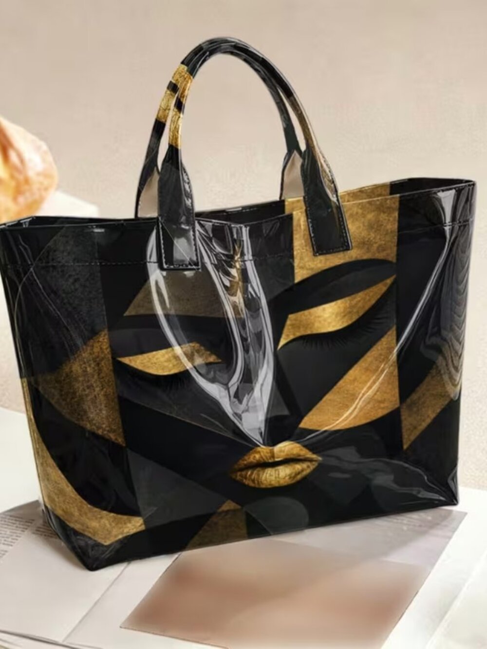 Black Gold Abstract Face Tote Bag Large Shopper Shoulder Bag Art Print Handbag - Picture 2 of 9